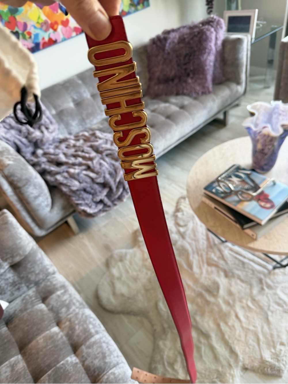 Moschino Red Leather Belt with Gold Logo Letters - Picture 2 of 5